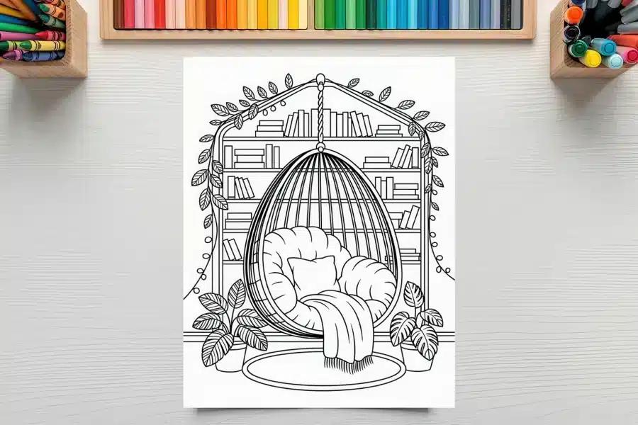 Line Drawing Of A Hanging Chair In A Cozy Reading Nook With A Bookshelf And Plants.