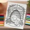 Line Drawing Of A Hanging Chair In A Cozy Reading Nook With Bookshelves And Plants.