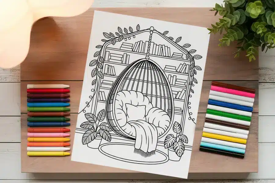 Line Drawing Of A Hanging Chair In A Cozy Reading Nook With Bookshelves And Plants.