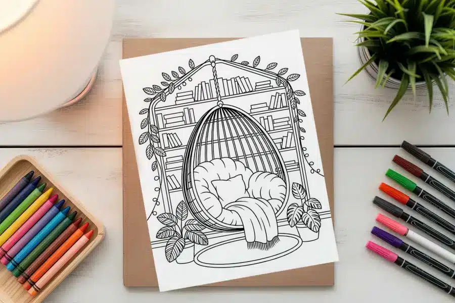 Line Art Coloring Page Depicting A Hanging Chair In A Cozy Nook With Bookshelves And Plants.