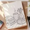 Line Drawing Coloring Page Depicting A Mug Of Hot Cocoa, A Stack Of Books, And Cinnamon Rolls On A Table, With Flowers In A Vase.