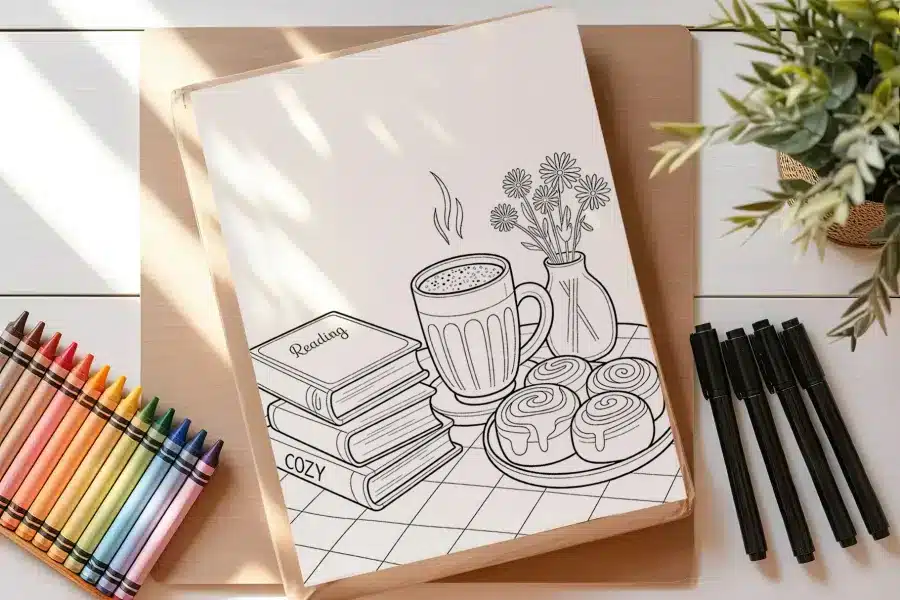 Line Drawing Coloring Page Depicting A Mug Of Hot Cocoa, A Stack Of Books, And Cinnamon Rolls On A Table, With Flowers In A Vase.