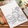 A Coloring Page Depicting A Cozy Scene With A Mug Of Hot Drink, Books, Cinnamon Rolls, And Flowers.  Crayons And Markers Are Nearby.
