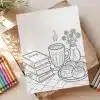 Books Coffee Cinnamon Rolls Coloring Page - Free Printable Aesthetic Adult Coloring Sheet With Books, Coffee, And Sweets