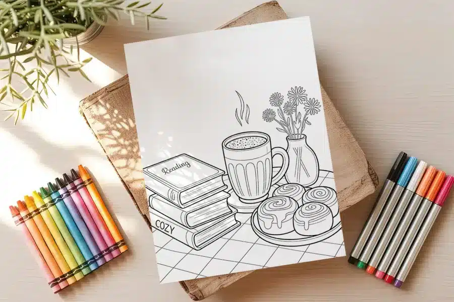Books Coffee Cinnamon Rolls Coloring Page - free printable aesthetic adult coloring sheet with books, coffee, and sweets