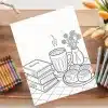 A Coloring Page Depicting A Cozy Scene With A Mug Of Hot Drink, Books, Cinnamon Rolls, And Flowers In A Vase.