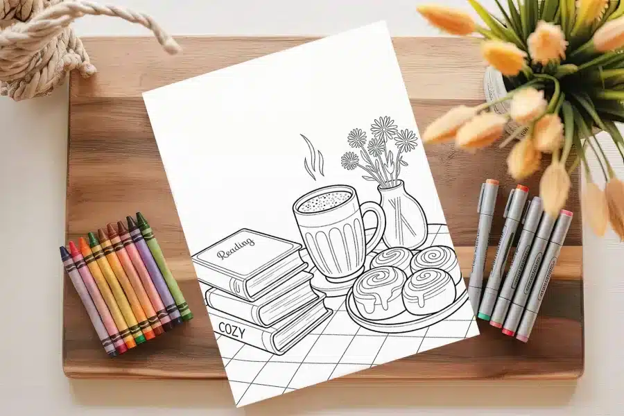 A Coloring Page Depicting A Cozy Scene With A Mug Of Hot Drink, Books, Cinnamon Rolls, And Flowers In A Vase.