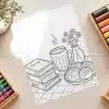 Cozy Coloring Page Featuring A Mug Of Coffee, Cinnamon Rolls, Books, And Flowers.