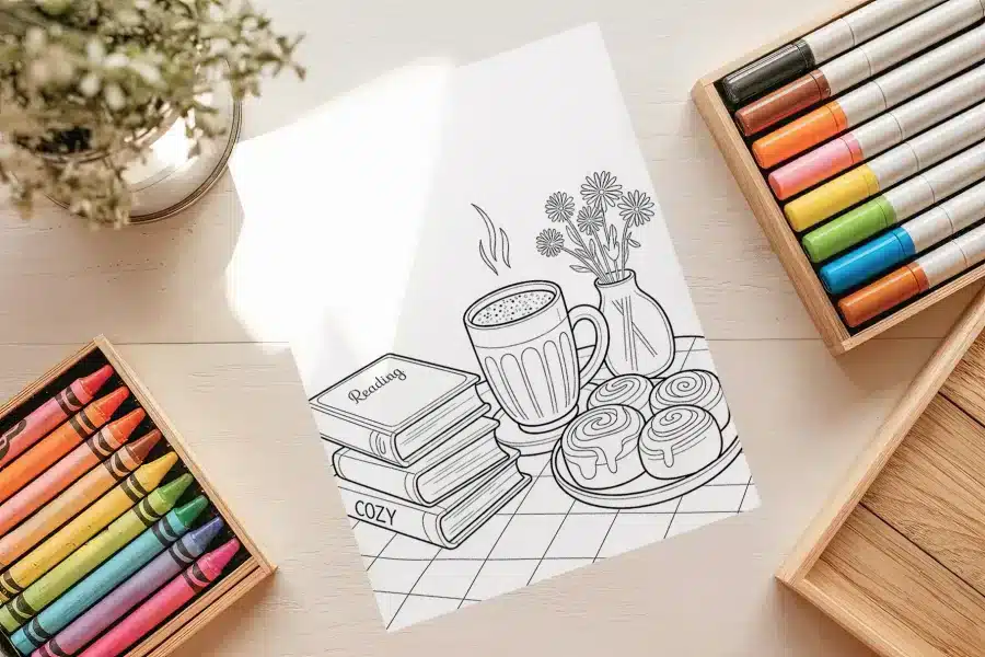 Cozy Coloring Page Featuring A Mug Of Coffee, Cinnamon Rolls, Books, And Flowers.