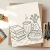 A Coloring Page Illustration Of A Mug Of Hot Drink, Cinnamon Rolls, And A Stack Of Books Next To A Vase Of Flowers.