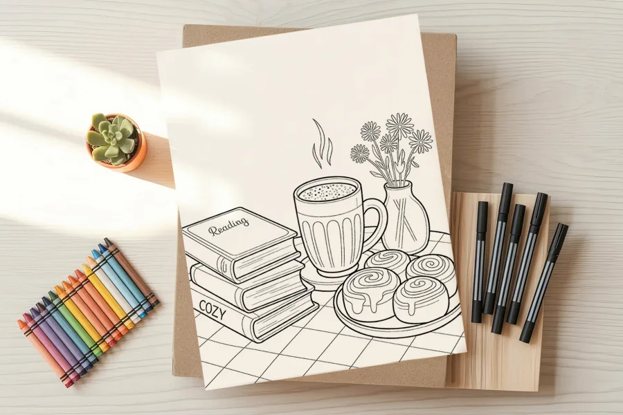 A coloring page illustration of a mug of hot drink, cinnamon rolls, and a stack of books next to a vase of flowers.