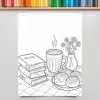 Line Drawing Of A Cozy Scene: A Stack Of Books, A Mug Of Hot Drink, Cinnamon Rolls, And Flowers In A Vase.