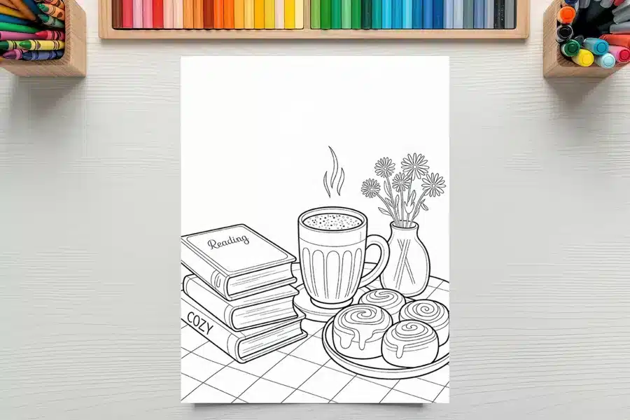 Line Drawing Of A Cozy Scene: A Stack Of Books, A Mug Of Hot Drink, Cinnamon Rolls, And Flowers In A Vase.