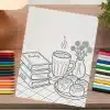 A Coloring Page Depicting A Stack Of Books, A Mug Of Hot Drink, Cinnamon Rolls, And Flowers In A Vase.