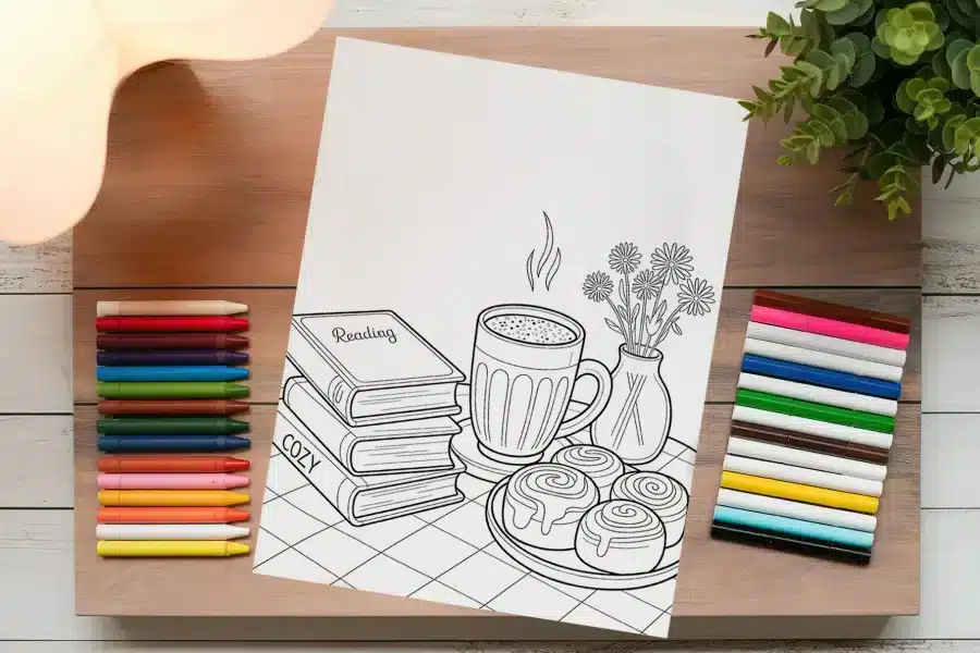 A Coloring Page Depicting A Stack Of Books, A Mug Of Hot Drink, Cinnamon Rolls, And Flowers In A Vase.