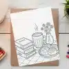 Line Drawing Of A Mug Of Hot Drink, Books, Flowers In A Vase, And Cinnamon Rolls On A Plate.