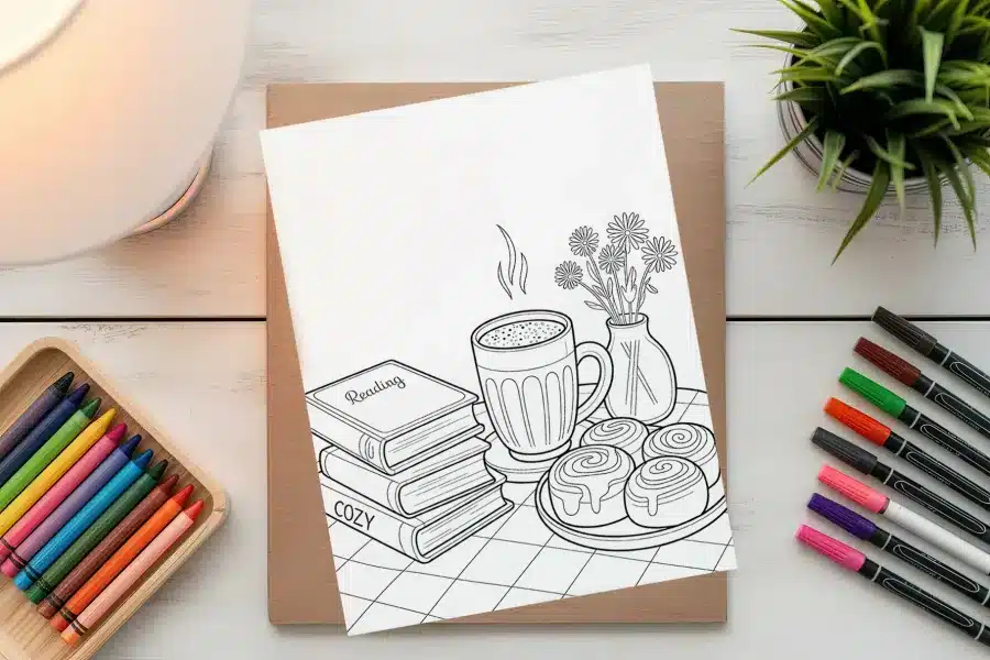Line Drawing Of A Mug Of Hot Drink, Books, Flowers In A Vase, And Cinnamon Rolls On A Plate.