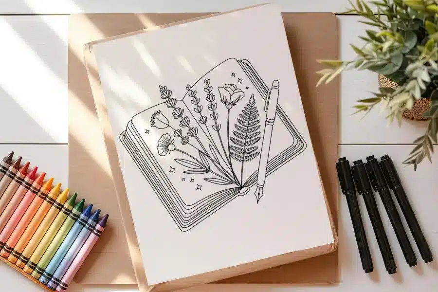 Line Drawing Of Flowers And A Fern Emerging From An Open Book, With A Pen Resting On Top.