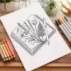 Line Drawing Of An Open Book With Flowers And A Pen Resting On It.