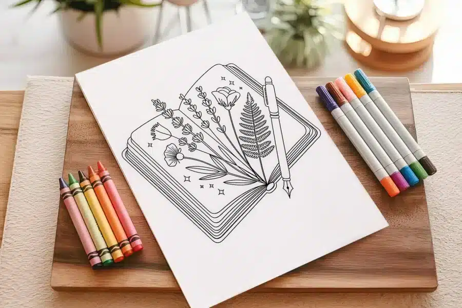 Line Drawing Of An Open Book With Flowers And A Pen Resting On It.
