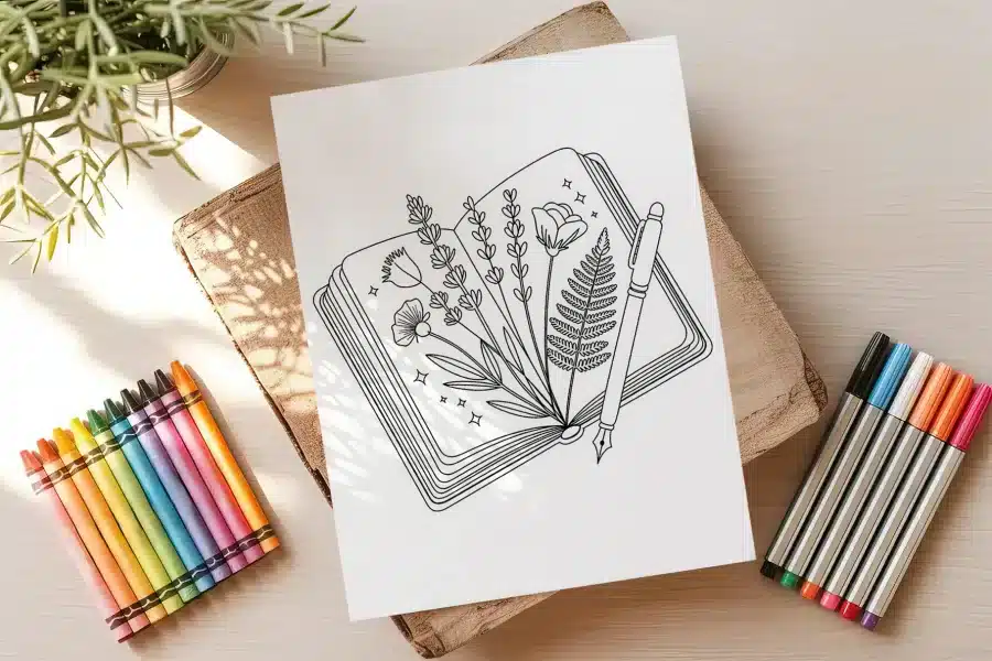 Line Drawing Of Flowers Pressed In An Open Book With A Pen Resting On Top.