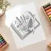 Line Drawing Of Flowers And A Fern Growing From An Open Book With A Fountain Pen.