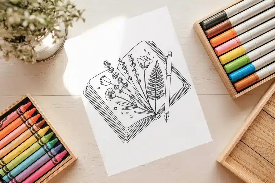 Line Drawing Of Flowers And A Fern Growing From An Open Book With A Fountain Pen.