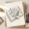 Line Drawing Of Flowers Pressed Inside An Open Book With A Fountain Pen.