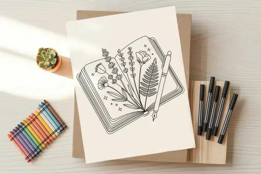 Line drawing of flowers pressed inside an open book with a fountain pen.