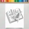 Line Drawing Of An Open Book With Flowers And A Fern Inside, And A Pen Resting On Top.