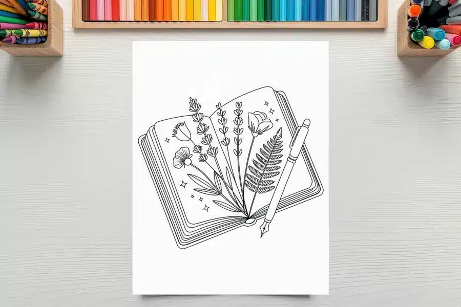 Line Drawing Of An Open Book With Flowers And A Fern Inside, And A Pen Resting On Top.