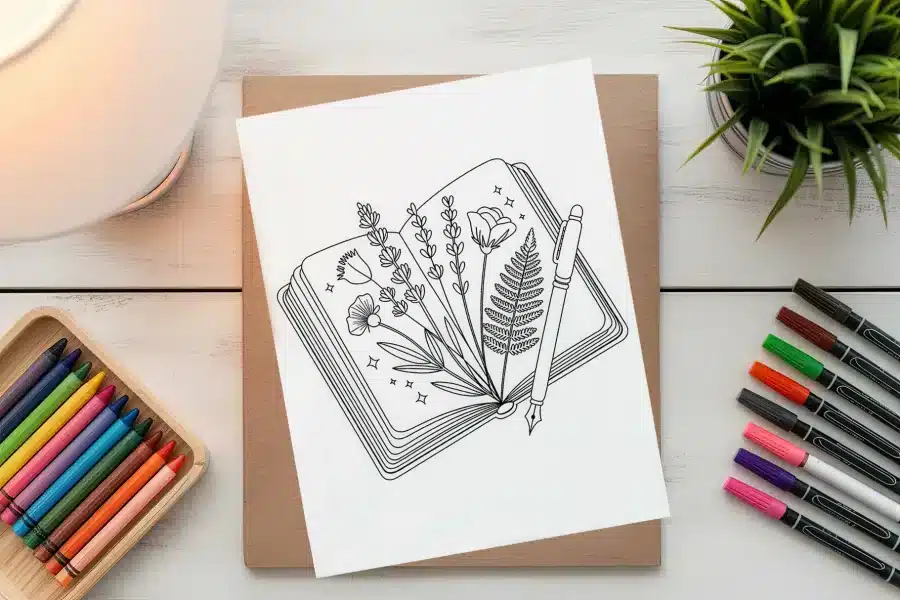 Line Drawing Of Flowers And A Fern Pressed Inside An Open Book, With A Pen Resting On Top.