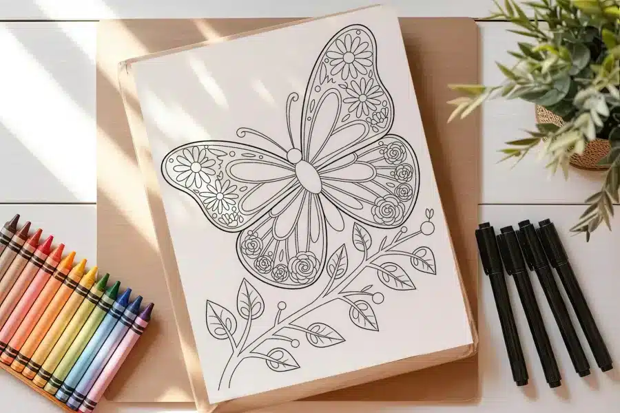Line Drawing Of A Butterfly With Floral Details On Its Wings, Perched On A Stem With Leaves.