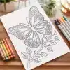 A Coloring Page Featuring An Ornate Butterfly On A Stem With Leaves.  Crayons And Markers Are Nearby.
