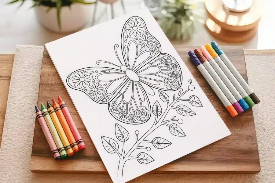 A Coloring Page Featuring An Ornate Butterfly On A Stem With Leaves.  Crayons And Markers Are Nearby.