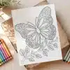 Line Drawing Of A Butterfly With Floral Details Perched On A Stem With Leaves.