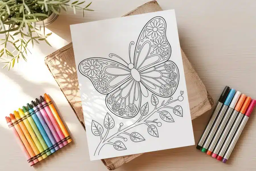 Line Drawing Of A Butterfly With Floral Details Perched On A Stem With Leaves.