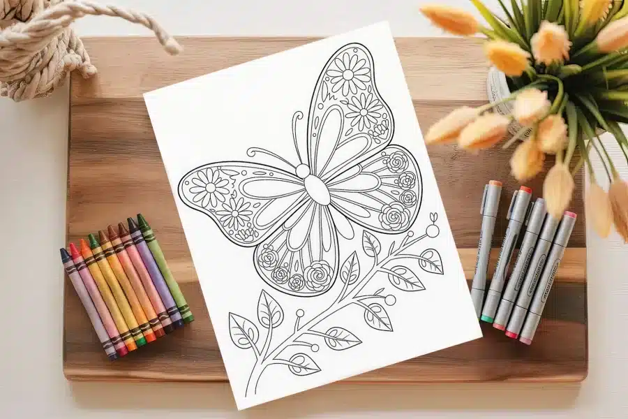 Floral Butterfly Coloring Page - free printable aesthetic adult coloring sheet with intricate flower patterns on wings