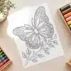A Coloring Page Featuring An Ornate Butterfly Perched On A Flowering Stem.