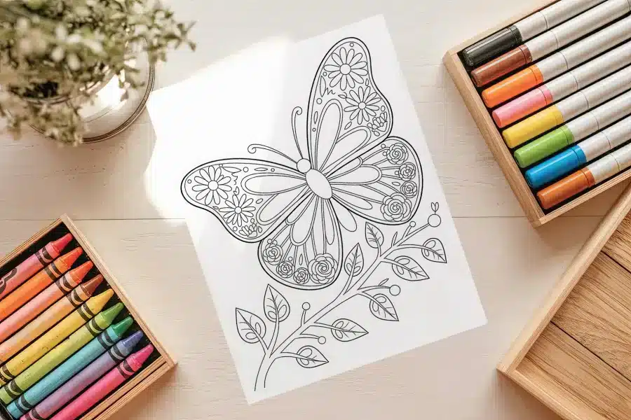 A Coloring Page Featuring An Ornate Butterfly Perched On A Flowering Stem.
