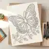 Line Drawing Of A Butterfly With Floral Details On Its Wings, Perched On A Stem With Leaves.