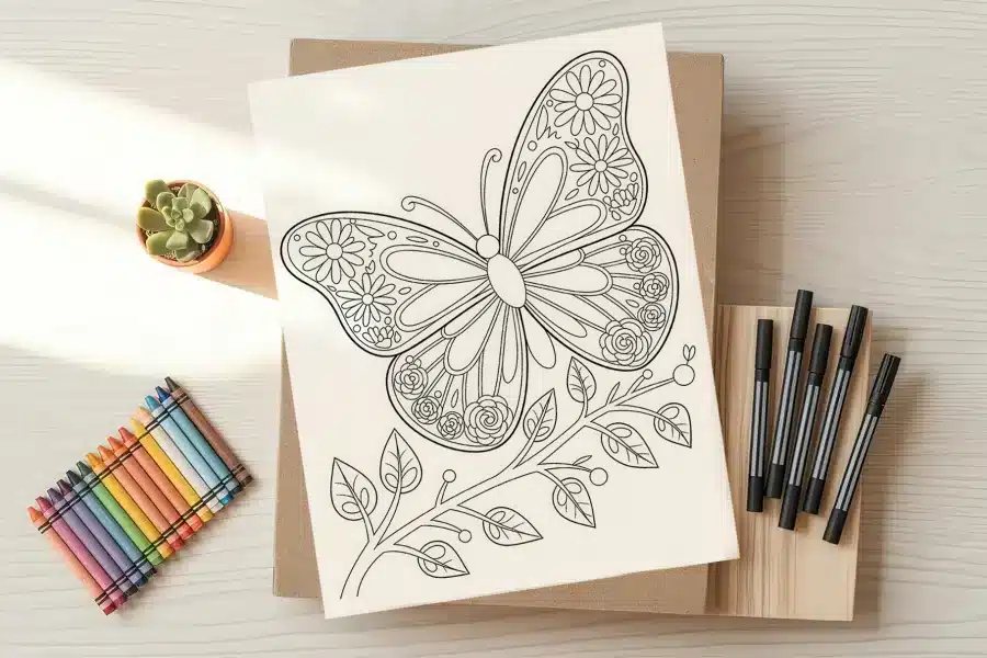 Line drawing of a butterfly with floral details on its wings, perched on a stem with leaves.