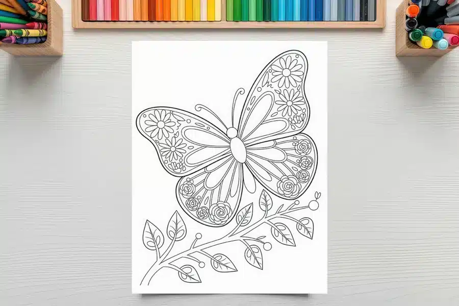 Line Art Coloring Page Of An Ornate Butterfly Perched On A Leafy Branch.
