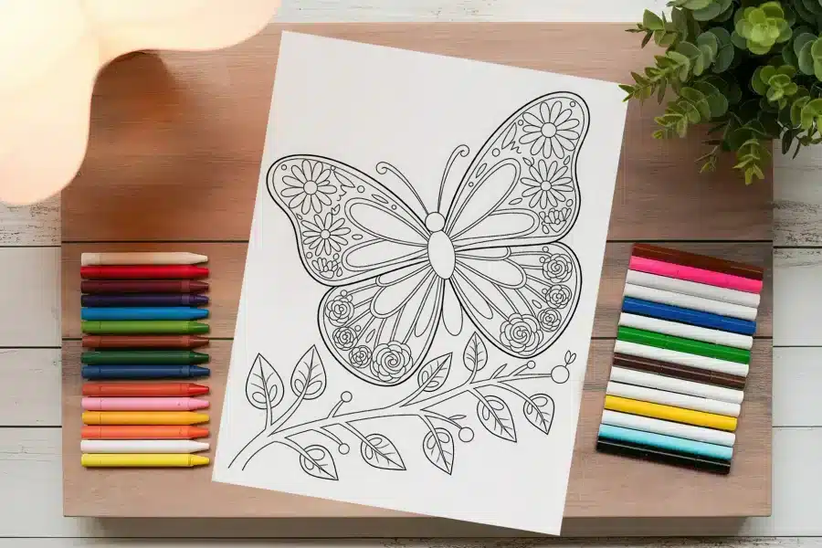 A Coloring Page Featuring An Ornate Butterfly Perched On A Leafy Branch.