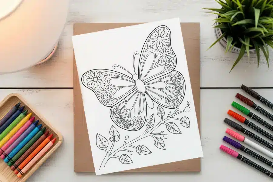 A Coloring Page Featuring An Ornate Butterfly Perched On A Leafy Branch.