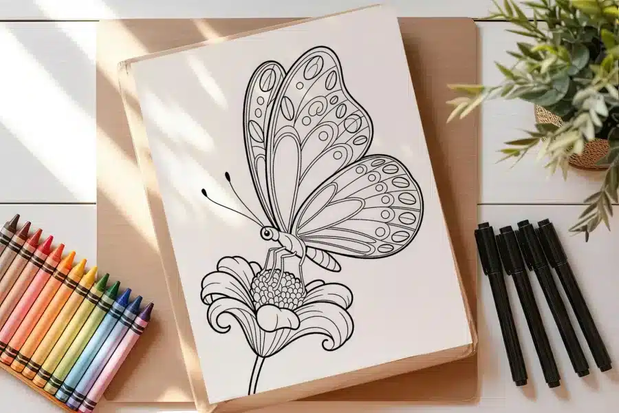 Line Drawing Of A Butterfly On A Flower.
