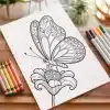 Line Drawing Of A Butterfly Perched On A Flower.