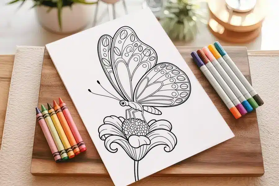 Line Drawing Of A Butterfly Perched On A Flower.