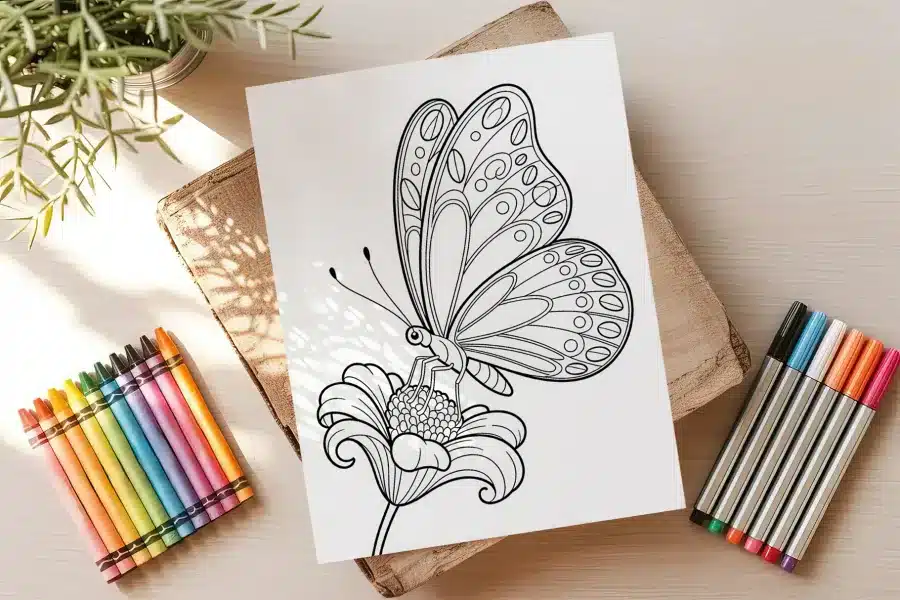 Butterfly on Flower Coloring Page - free printable aesthetic adult coloring sheet with butterfly and bloom