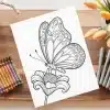 Line Drawing Of A Butterfly On A Flower.